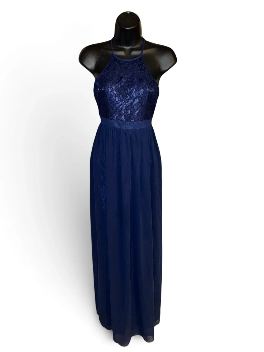 Navy Halter Lace & Chiffon Maxi Dress